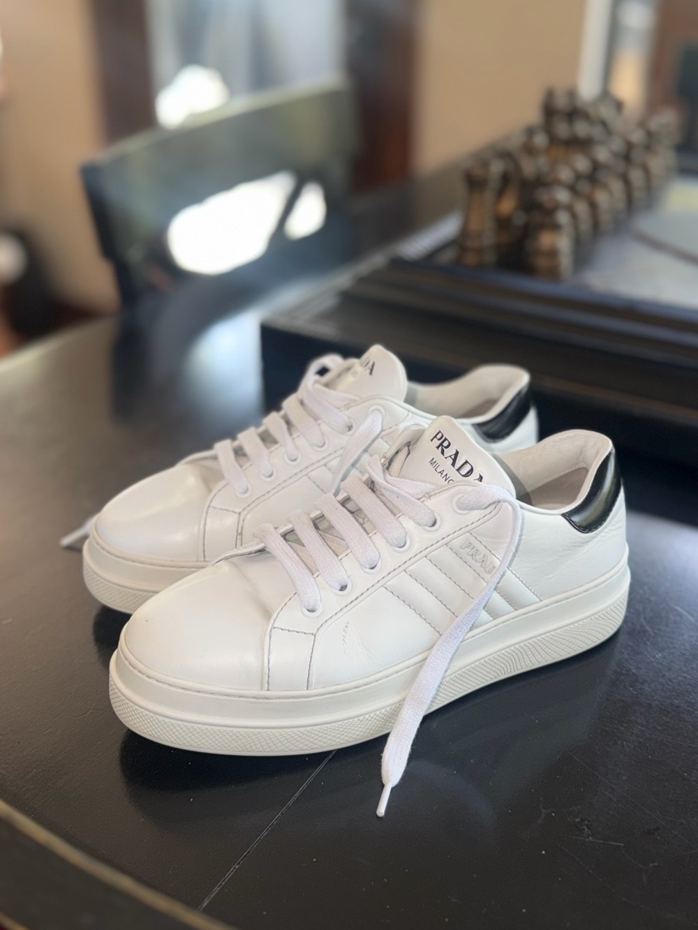 Prada White Leather Low-Top Sneakers with Black Heel Tab